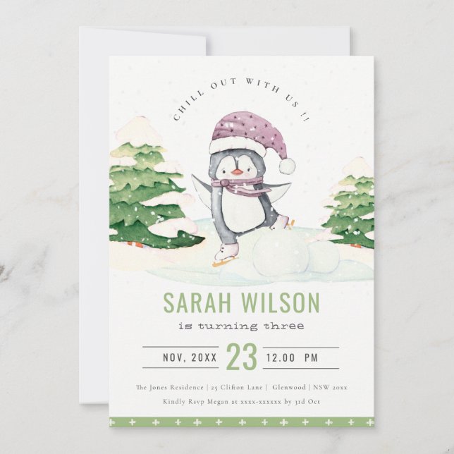 Winter Penguin Kids Any Age Birthday Invite (Front)