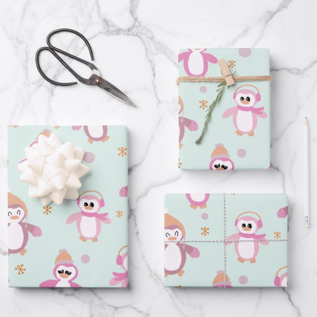 Winter penguin mint and pink holiday wrapping paper sheet (Front)
