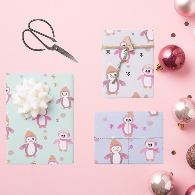Winter penguin mint pink purple holiday  wrapping paper sheet (Creator Uploaded)