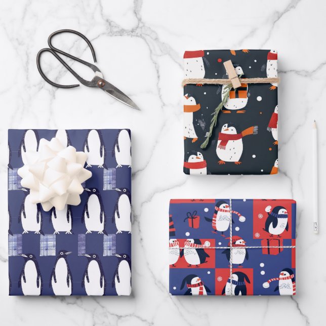 Winter Penguin Pattern Blue Wrapping Paper  (Front)