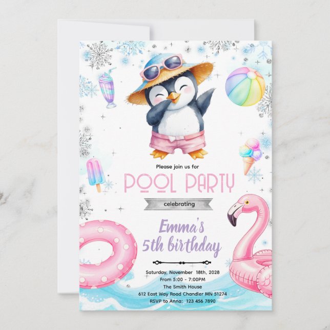 Winter penguin pool theme invitation (Front)