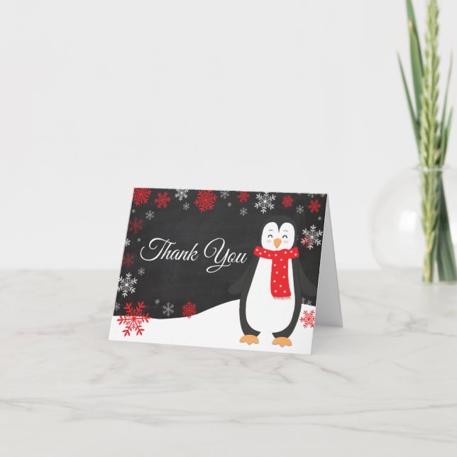 Winter Penguin Red Snowflake Thank You Card (Front)