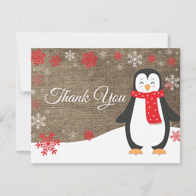 Winter Penguin Red Snowflake Thank You Card (Front)