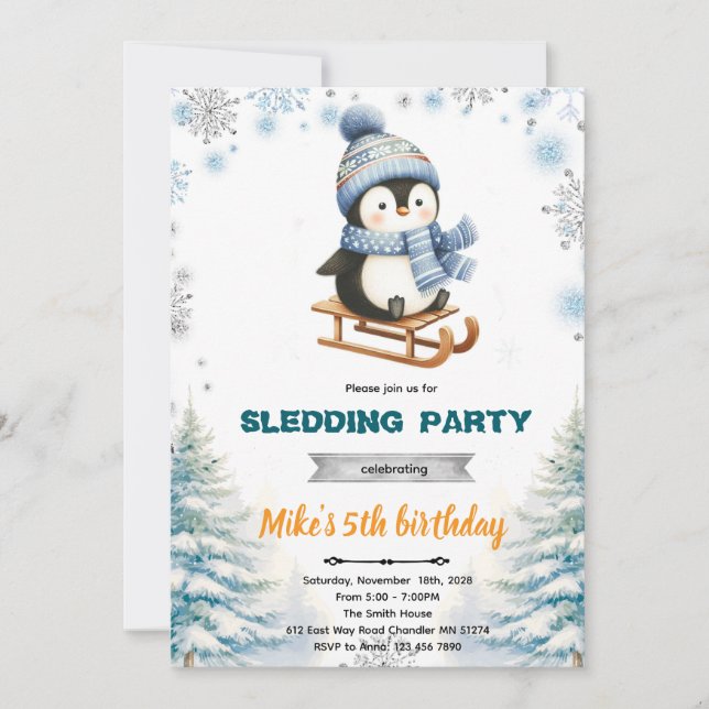 Winter penguin sledding invitation (Front)