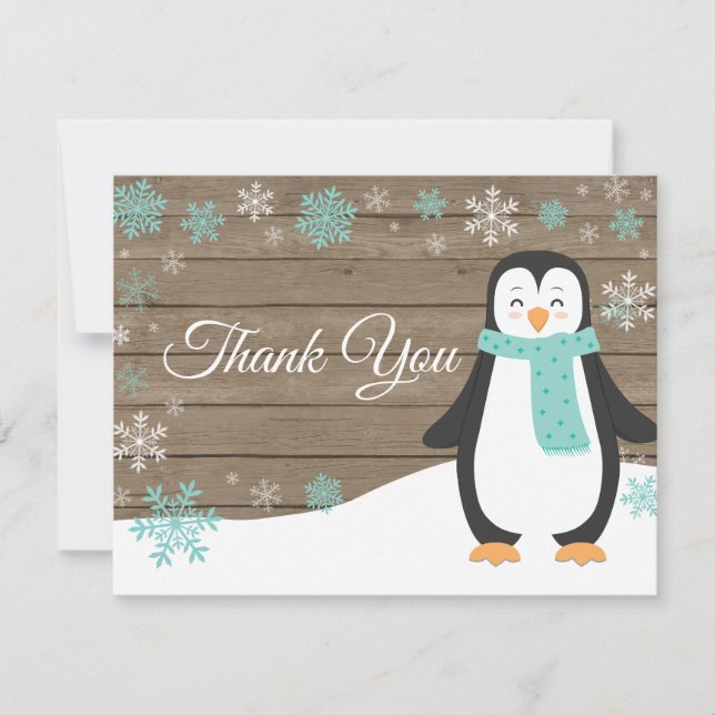 Winter Penguin Snowflake Aqua Thank You Card (Front)
