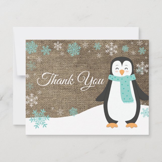Winter Penguin Snowflake Aqua Thank You Card (Front)