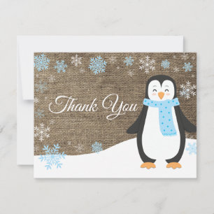 Winter Penguin Snowflake Blue Thank You Card