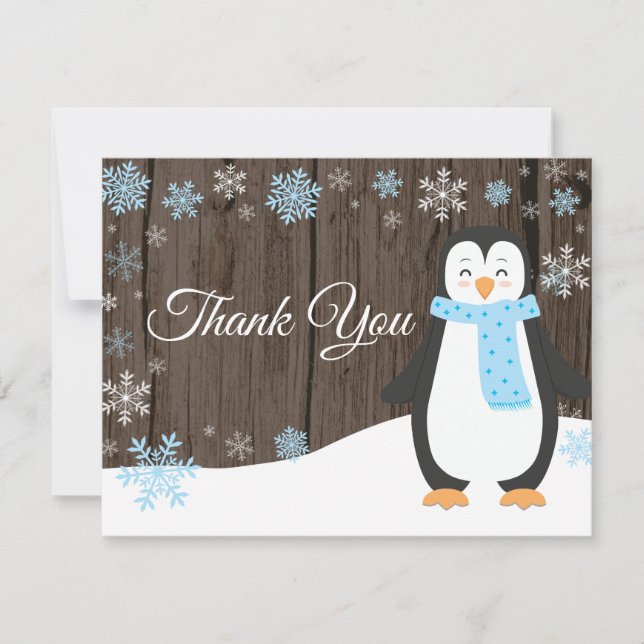 Winter Penguin Snowflake Blue Thank You Card (Front)