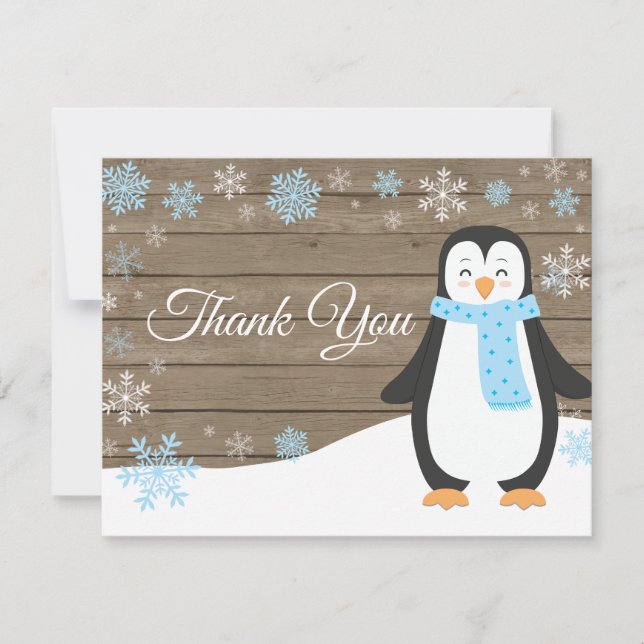 Winter Penguin Snowflake Blue Thank You Card (Front)