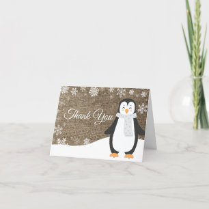 Winter Penguin Snowflake Burlap Thank You Card