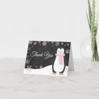 Winter Penguin Snowflake Pink Thank You Card