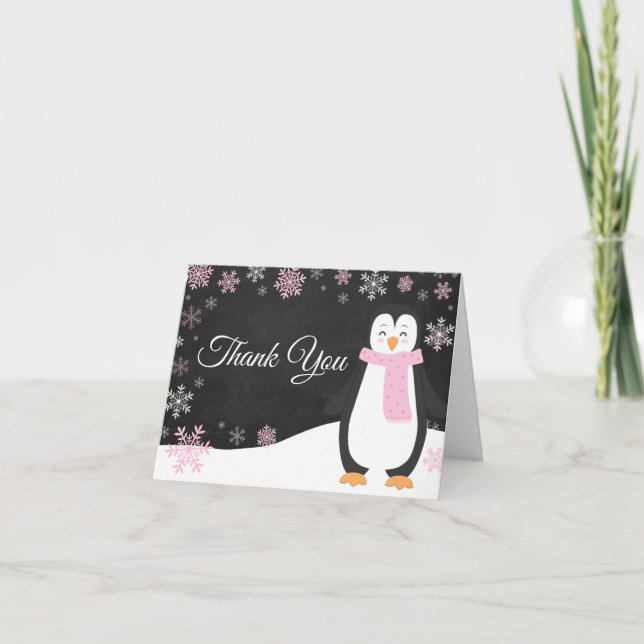 Winter Penguin Snowflake Pink Thank You Card (Front)