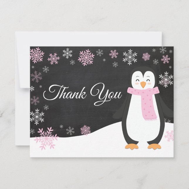 Winter Penguin Snowflake Pink Thank You Card (Front)