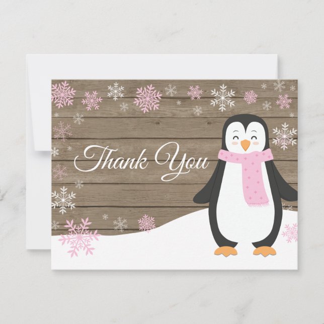 Winter Penguin Snowflake Pink Thank You Card (Front)