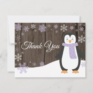 Winter Penguin Snowflake Purple Thank You Card