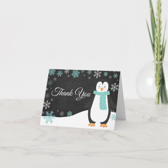 Winter Penguin Snowflake Teal Thank You Card (Front)
