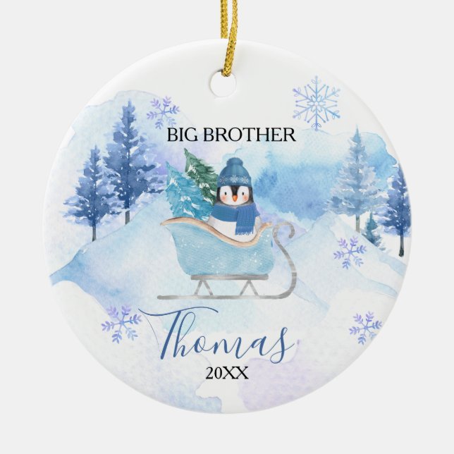 Winter Penguin Snowflakes Big Brother Christmas Ceramic Tree Decoration (Front)