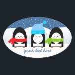 Winter Penguin Trio Snowy Night Oval Sticker<br><div class="desc">Three cute little penguins bundled up for the cold - add your text or remove sample to leave blank.</div>