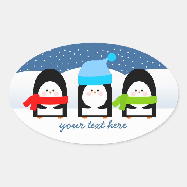 Winter Penguin Trio Snowy Night Oval Sticker (Front)