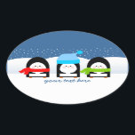 Winter Penguin Trio Snowy Night Oval Sticker<br><div class="desc">Three cute little penguins bundled up for the cold - add your text or remove sample to leave blank.</div>