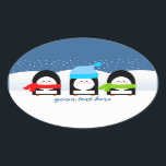 Winter Penguin Trio Snowy Night Oval Sticker<br><div class="desc">Three cute little penguins bundled up for the cold - add your text or remove sample to leave blank.</div>