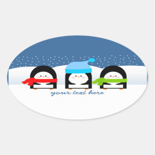 Winter Penguin Trio Snowy Night Oval Sticker