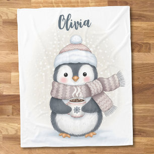 Winter Penguin with Cocoa Mug "Snow Cute!" Fleece Blanket