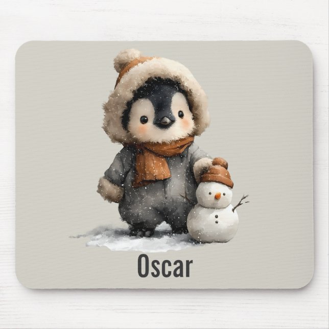 Winter Penguin with Snowman Design Mouse Mat (Front)