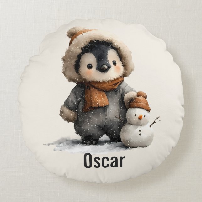 Winter Penguin with Snowman Design Round Cushion (Front)