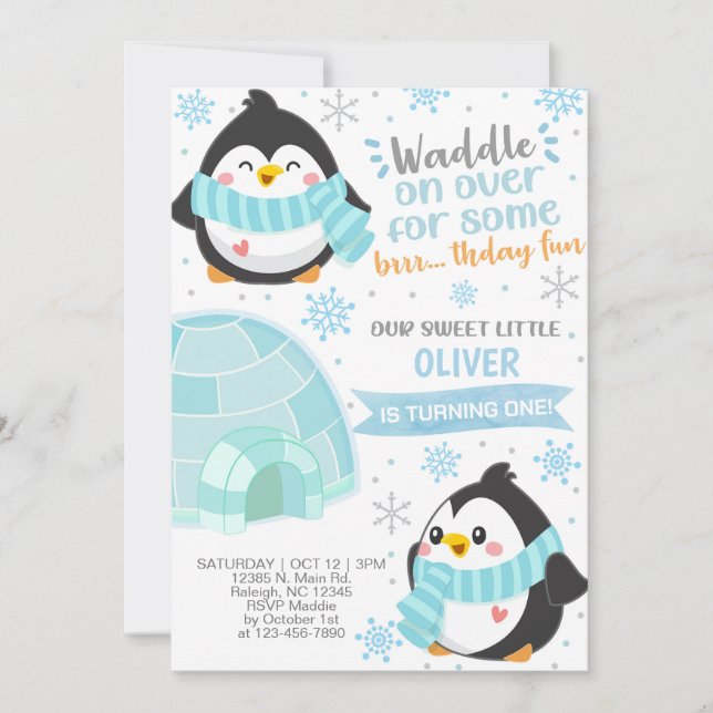 Winter penguins boy birthday invitation. invitation (Front)