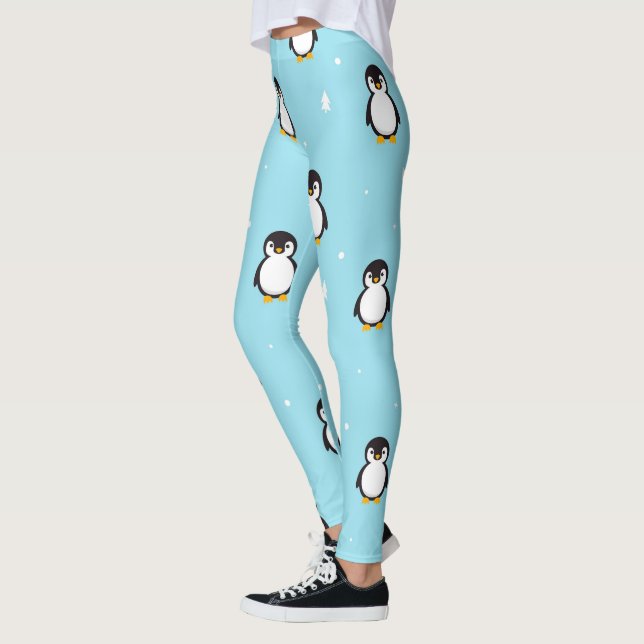 Winter Penguins Pattern Cute Blue and White Leggings (Left)