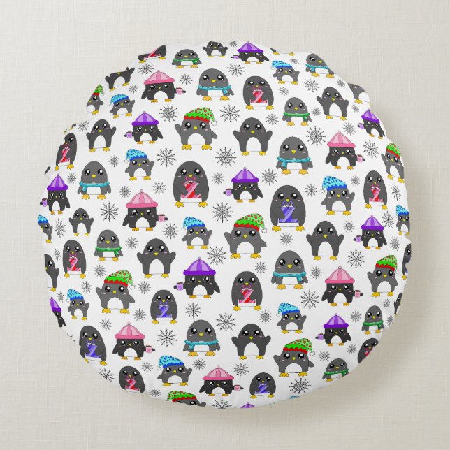 Winter Penguins Round Cushion (Front)
