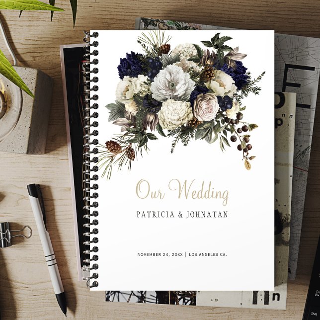 Winter peonies elegant gold script wedding planner (Creator Uploaded)