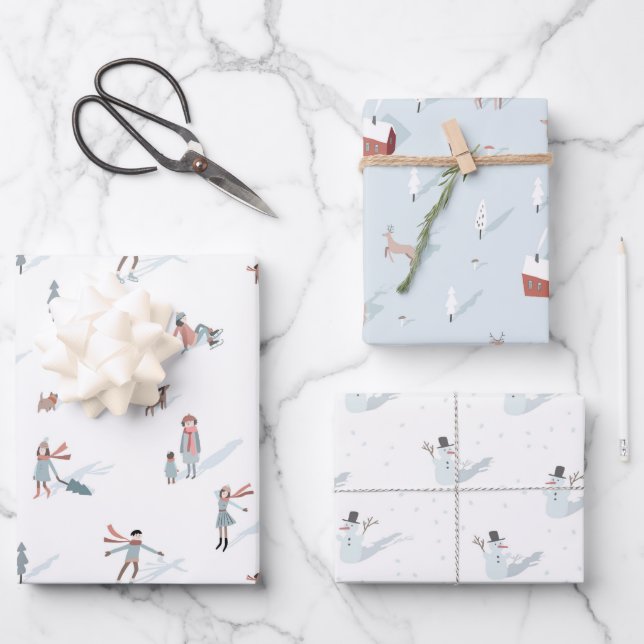 Winter People Village Snowman Christmas Holiday Wrapping Paper Sheet (Front)