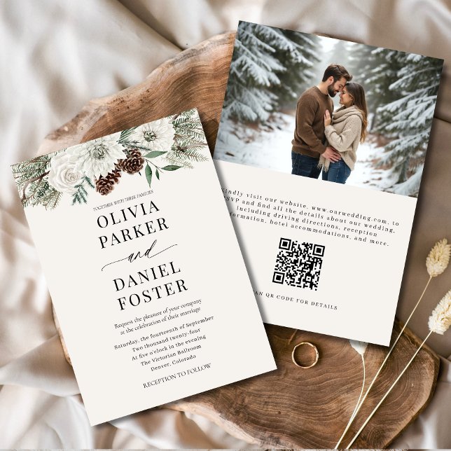 Winter Photo QR Code Elegant Evergreen Wedding Invitation (Creator Uploaded)
