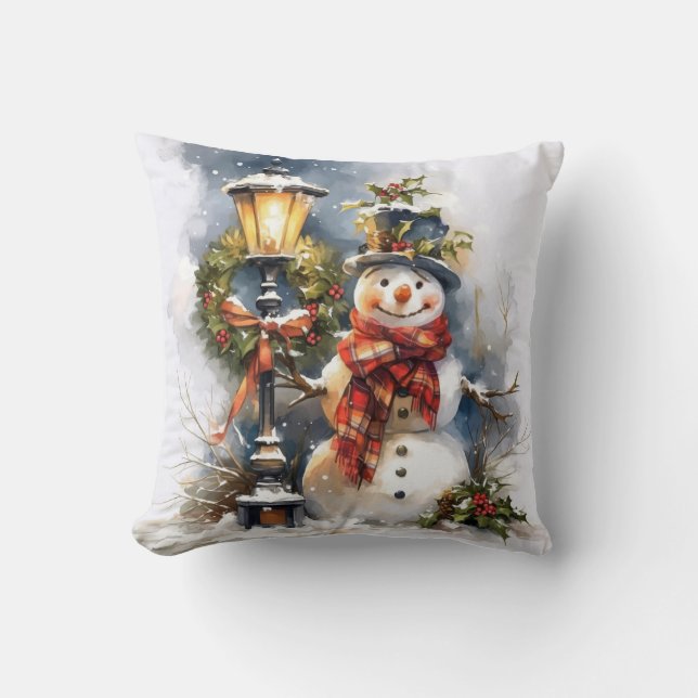  Winter Pillow – Snowman & Streetlamp Scene (Front)