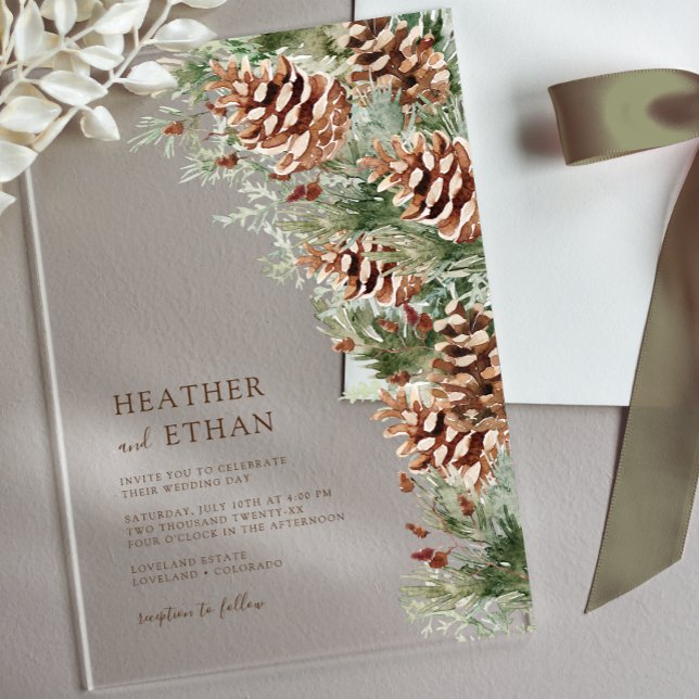 Winter Pine Acrylic Wedding Invitation (Winter Pine Watercolor Acrylic Wedding Invitation by Painted Paperie
)