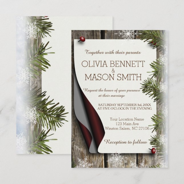 Winter Pine and Snowflakes Wedding Card (Front/Back)