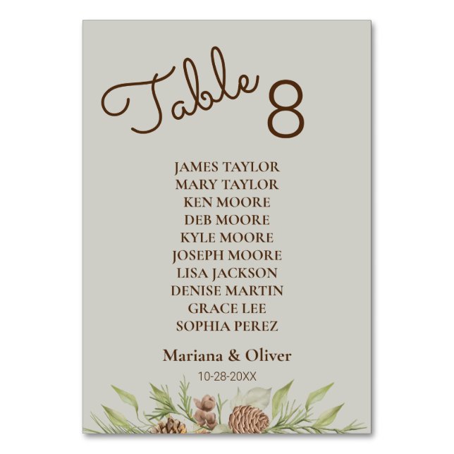 Winter Pine Beige Table Number Card with Names (Front)
