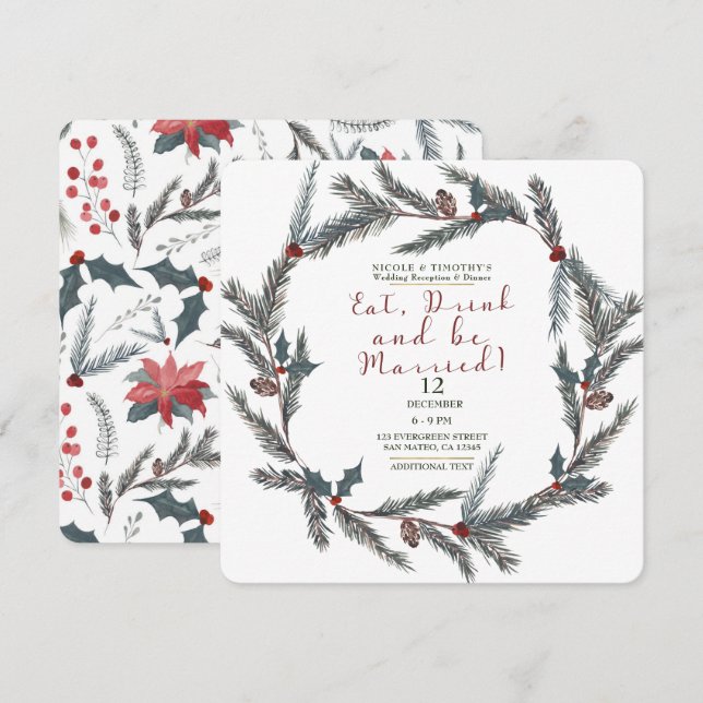 Winter Pine Berry Eat Drink Be Married Wedding Invitation (Front/Back)