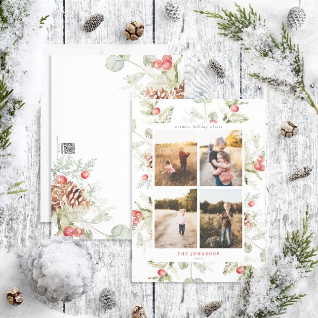Winter Pine Berry Greenery 4 Photo Holiday Card (Creator Uploaded)
