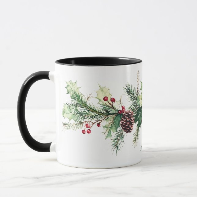 Winter Pine Berry Personalised Name Holiday Mug (Left)