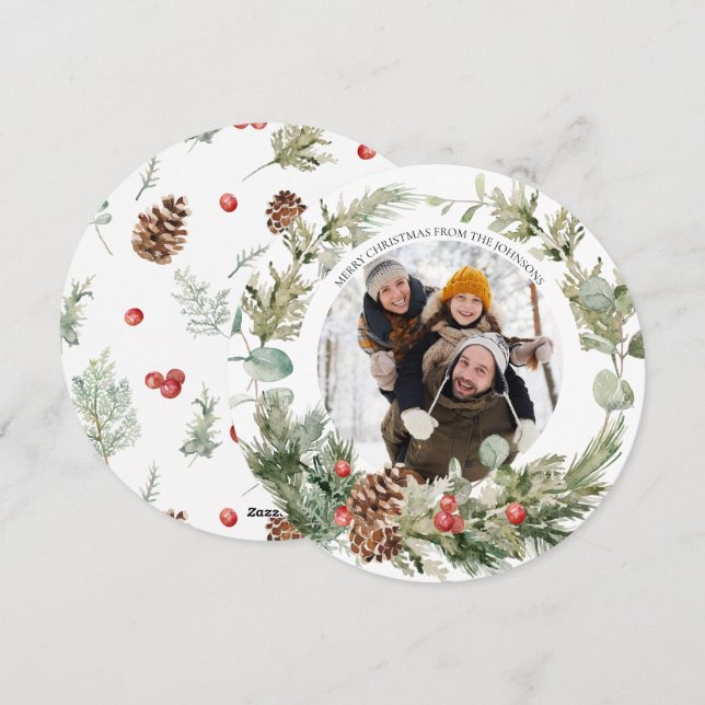 Winter Pine Berry Wreath Round Photo Holiday Card (Front/Back)