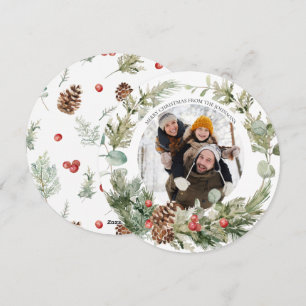 Winter Pine Berry Wreath Round Photo Holiday Card