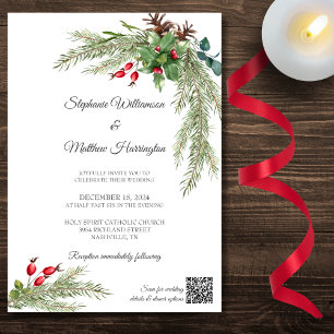 Winter Pine Branches with Berries QR Code Wedding  Invitation