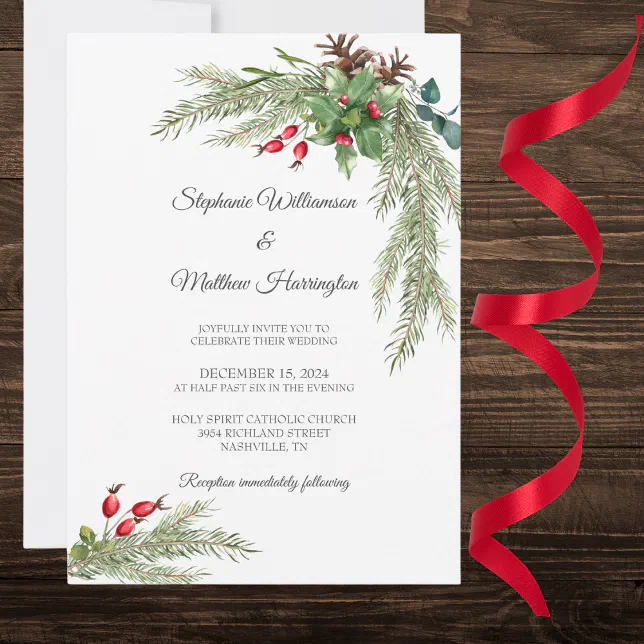 Winter Pine Branches with Berries Wedding Invitation | Zazzle
