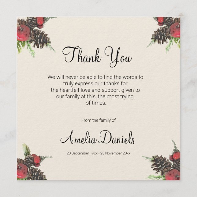 Winter Pine Cone and Berry Funeral Thank You Cards (Front)