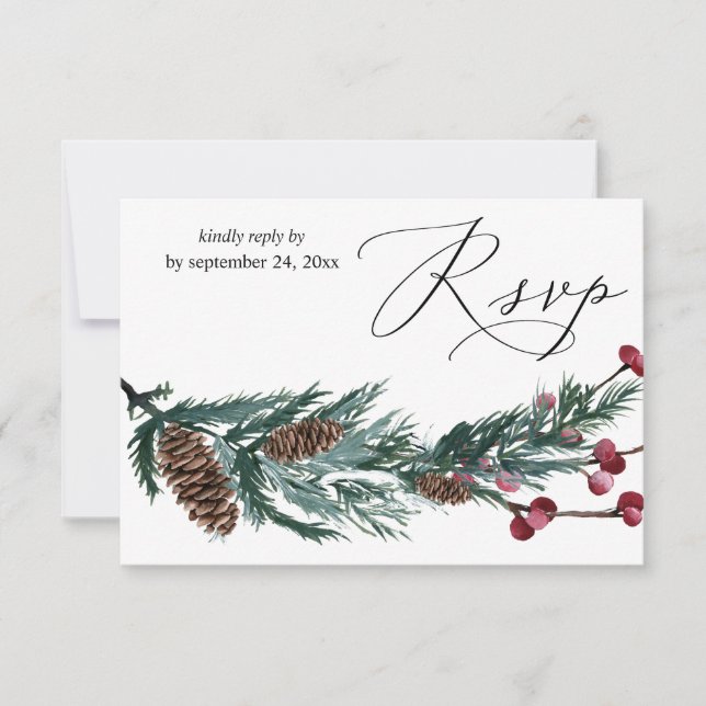 Winter Pine Cone & Berries Greenery with Meal RSVP Card (Front)