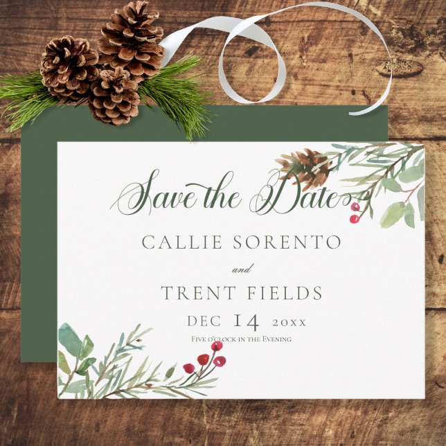 Winter Pine Cone Berries Modern Save the Date Card (Creator Uploaded)