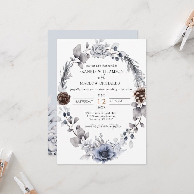 Winter Pine Cone Floral Wreath Boho Wedding Invita Invitation (Front/Back In Situ)